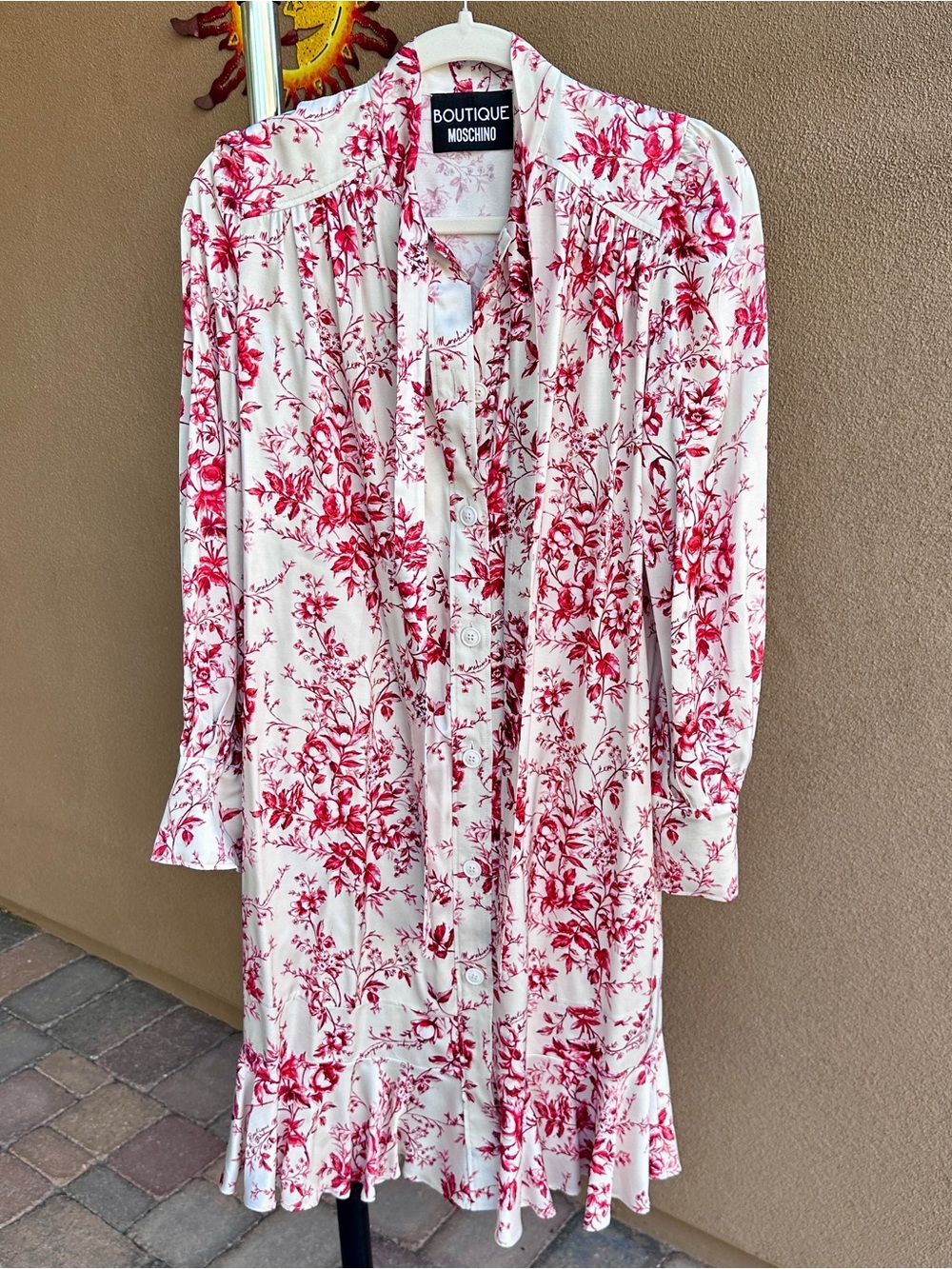 Boutique Moschino Red White Floral Satin Tie Bow Ruffle Dress US 2 Runs large